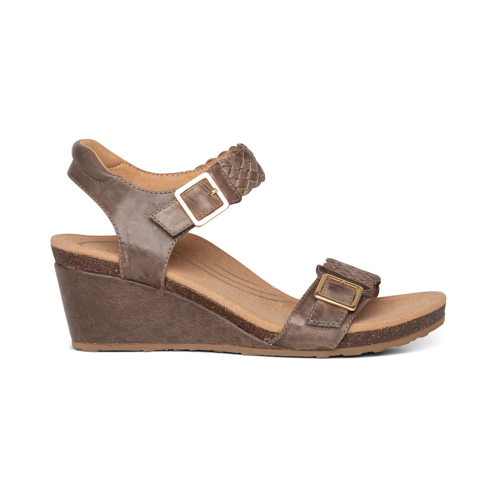 Aetrex Women's Grace Adjustable Woven Wedge Sandals - Taupe | USA O34CU9V